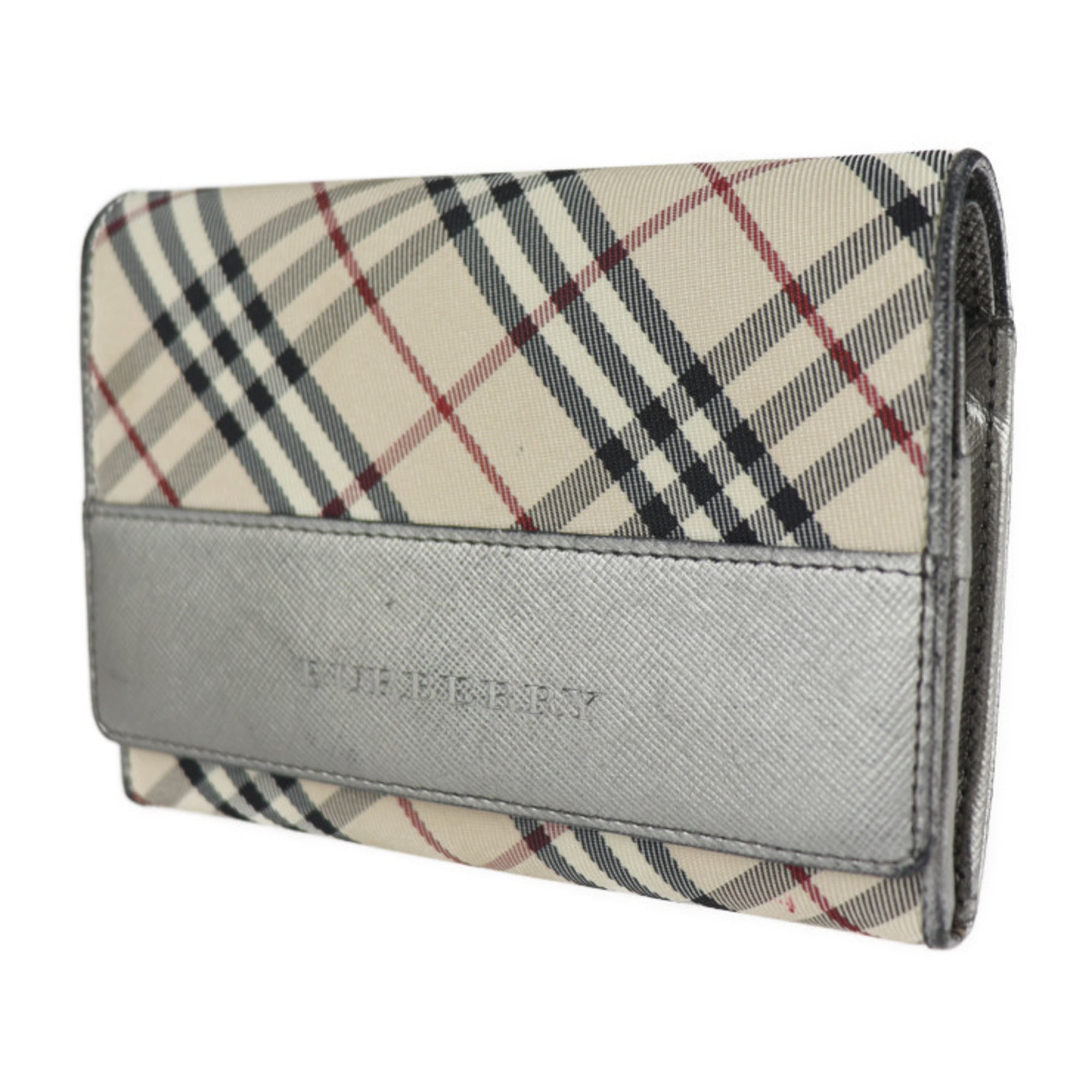 Authenticated Used BURBERRY Burberry folio wallet canvas leather beige  silver checked pattern L-shaped fastener 