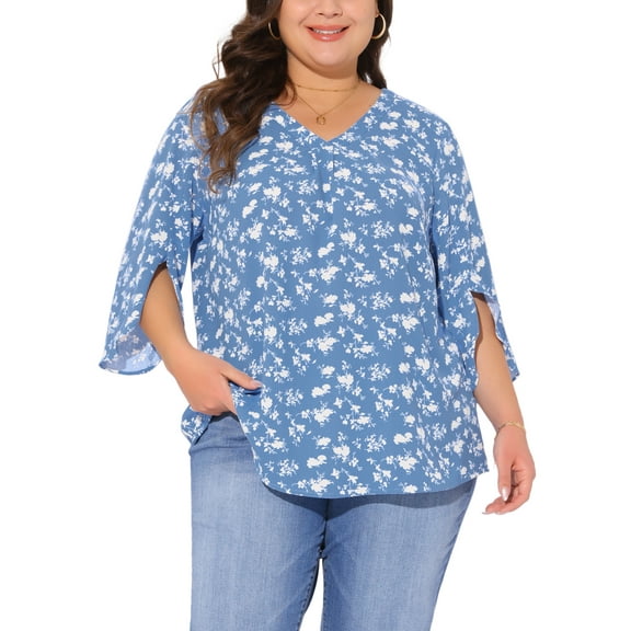 Agnes Orinda Women's Plus Size Chiffon Top V Neck 3/4 Sleeve Summer Casual Tunic Blouse 1X Blue
