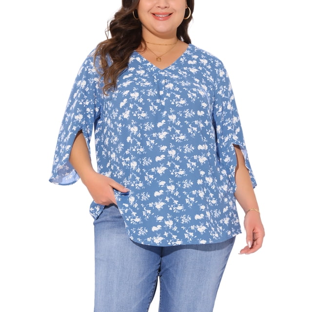 Blusa de gasa de mujer plus size Agnes Orinda, con cuello en V, manga 3/4, estilo casual de verano, talla 3X, color azul