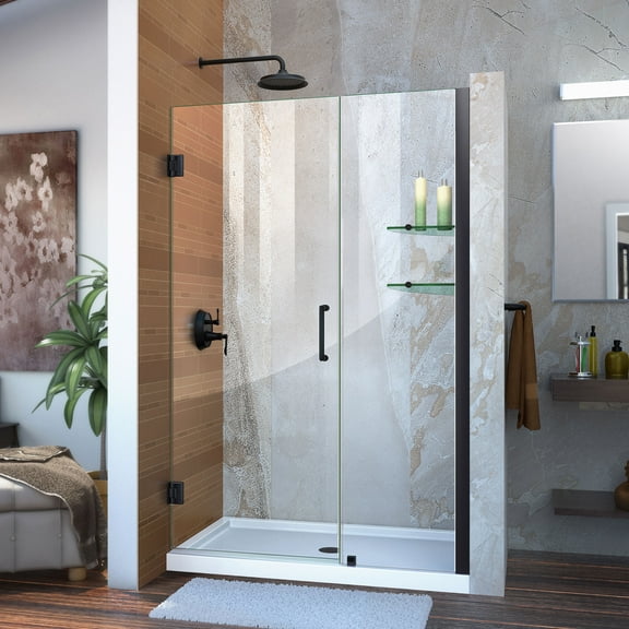 DreamLine Unidoor 43-44 in. W x 72 in. H Frameless Hinged Shower Door with Shelves in Satin Black