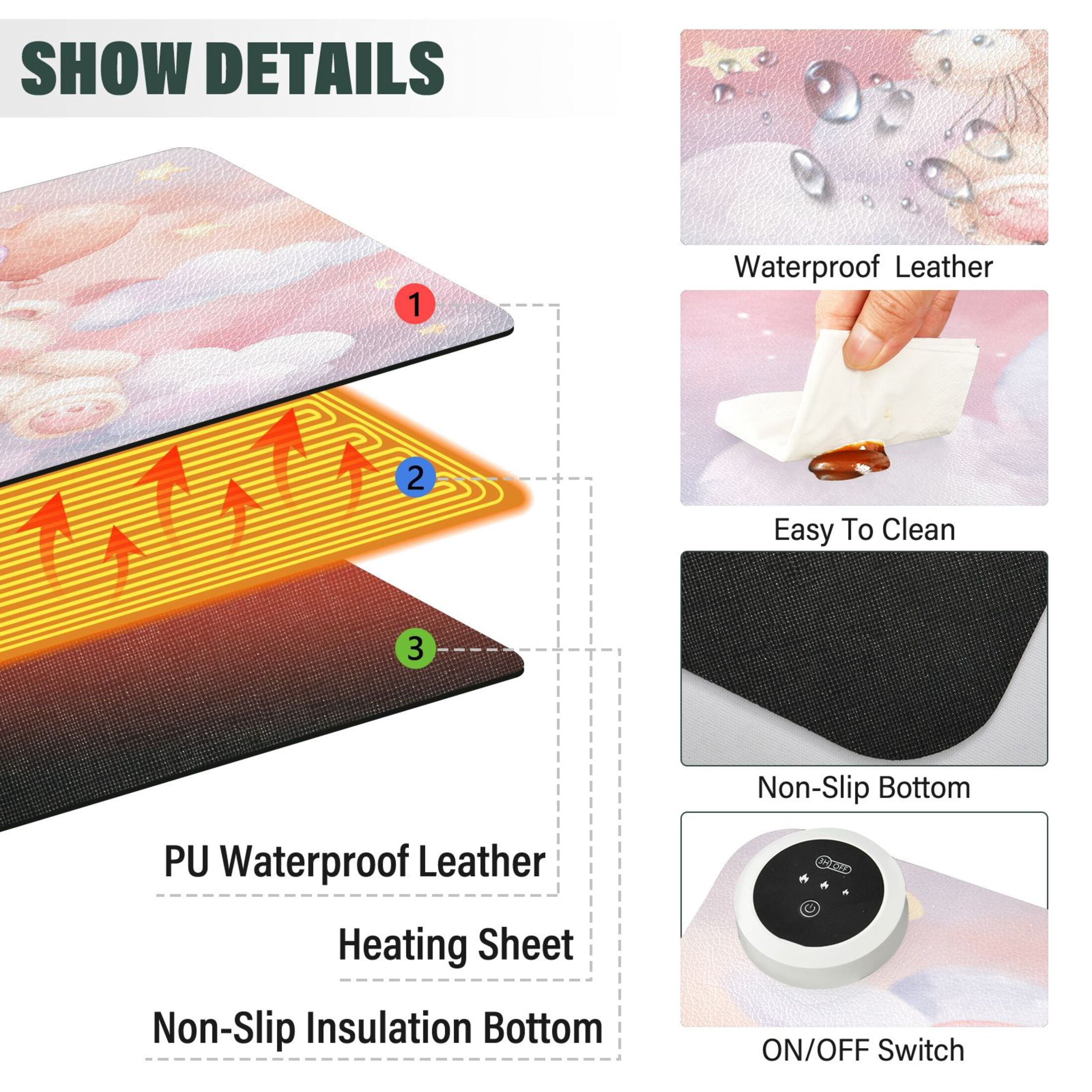 Large Heated Desk Mat Mouse Pad 31.5"x13"PU Leather Graphene Heating Desk Warmer with 3 Temperature Settings 110V US Plug Non-Slip Warm Pad for Home, Office, and Gaming Heart Balloon Teddy Art