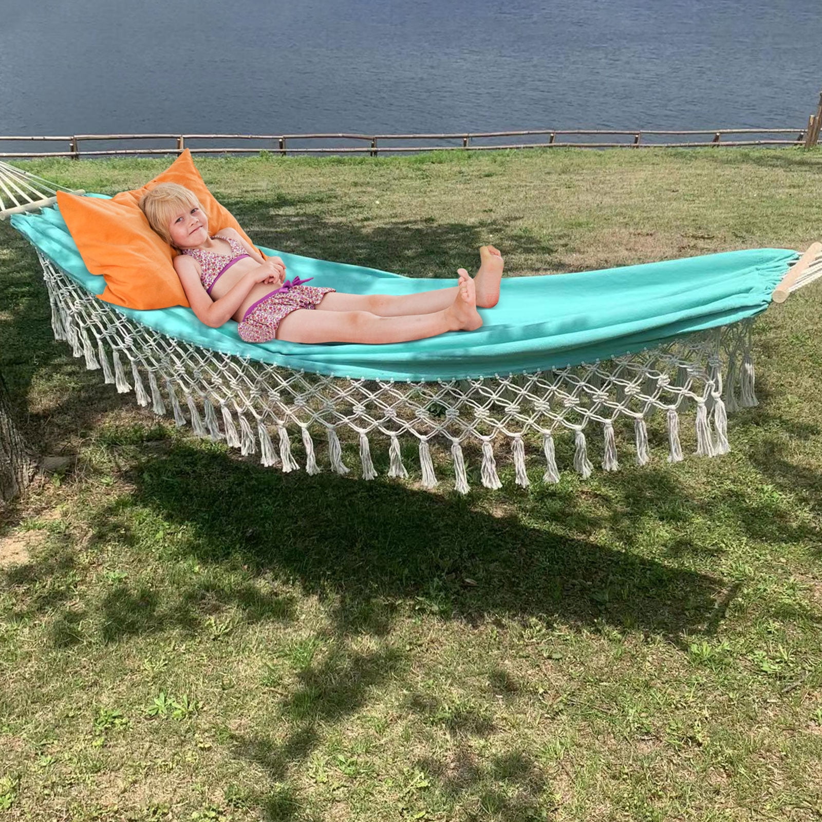 Portable Hammock Boho Tassel Nest Hammock Camping Double Hanging Swing Bed Suitable for Yard, Beach, Backyard, Garden (Green)