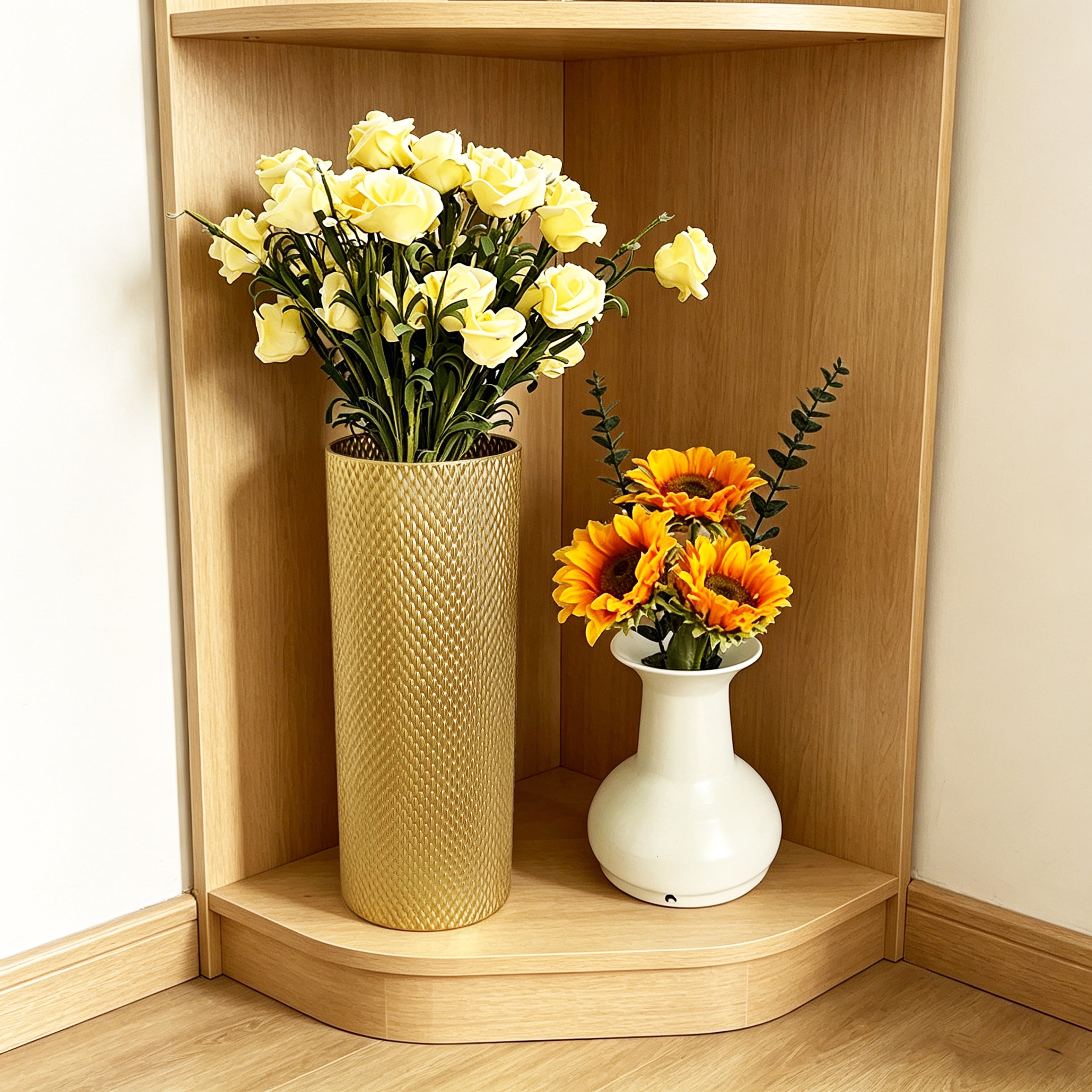 Metal Floor Vases Set of 3 with Leaf Pattern, Tall Decorative Vases and Home Decor Accents for Living Room Entryway, White and Gold