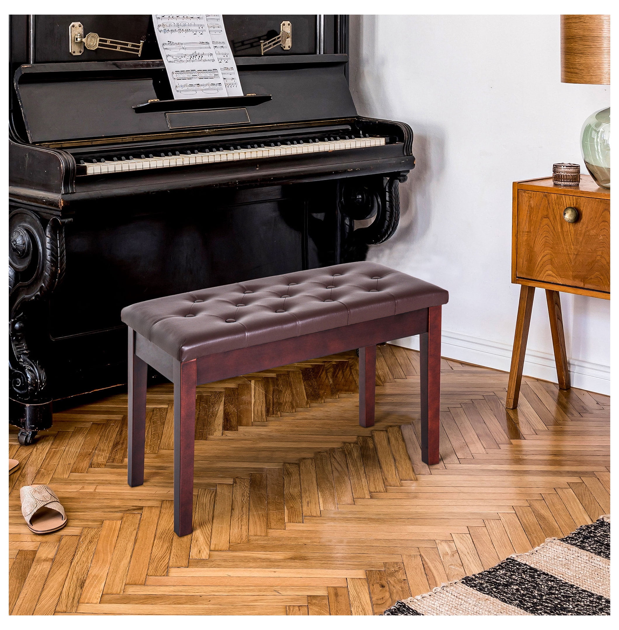 Piano , Duet Piano Chair with Faux Leather Padded Cushion and Wooden Frame, Button Tufted Keyboard , Brown