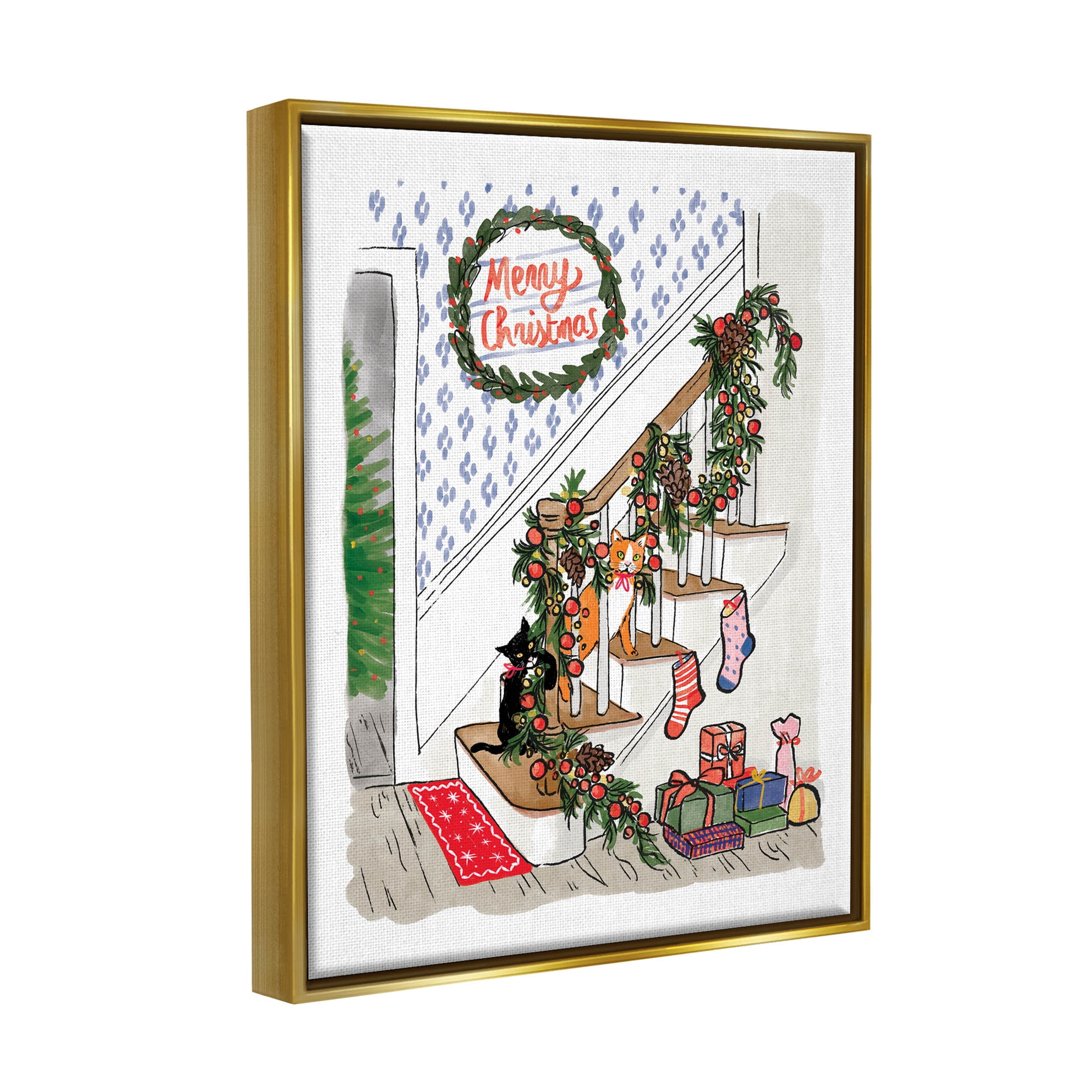 Merry Christmas Holiday Stairway Holiday Graphic Art Metallic Gold Framed Art Print Wall Art