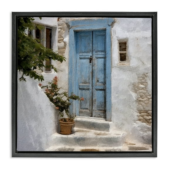Stupell Industries Blue Greek Door Town & City Painting Black Floater Framed Canvas Art Print Wall Art, 18 x 18