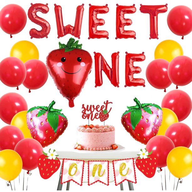 Strawberry Theme 1st Birthday Decorations Kit Sweet Berry One Banner Balloons Cake Topper For First Birthday Party Supplies Walmart Com