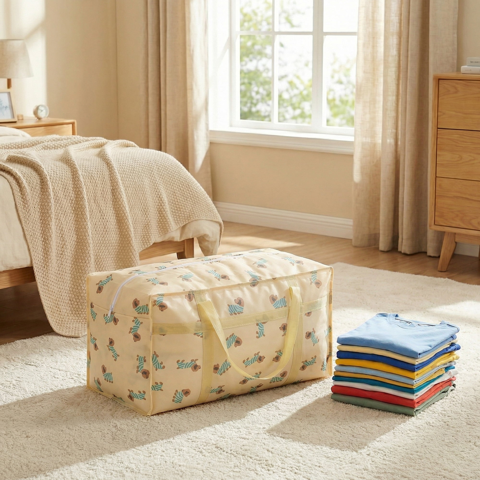 Unique Bargains Floral Clothes Storage Bags for Organizing Clothing Beige 23.6"x15.7"x9.8"