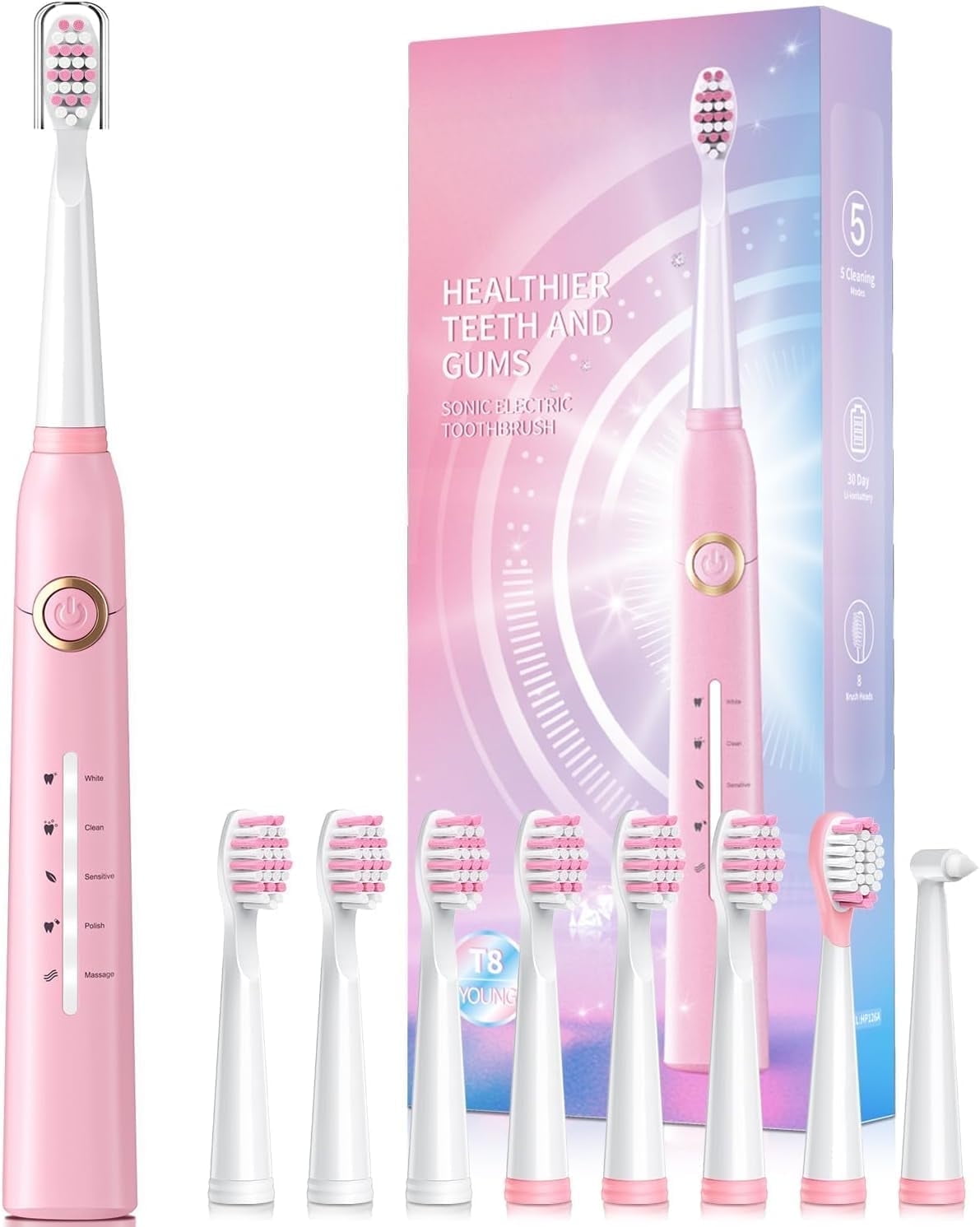 Homitt Electric Toothbrush with 8 Brush Heads, Pink