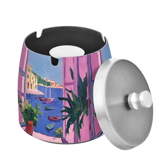 Yayeee Ashtray with Lid for Cigarette Smokeless Stainless Steel Home Ash Holder, Purple Window Scene