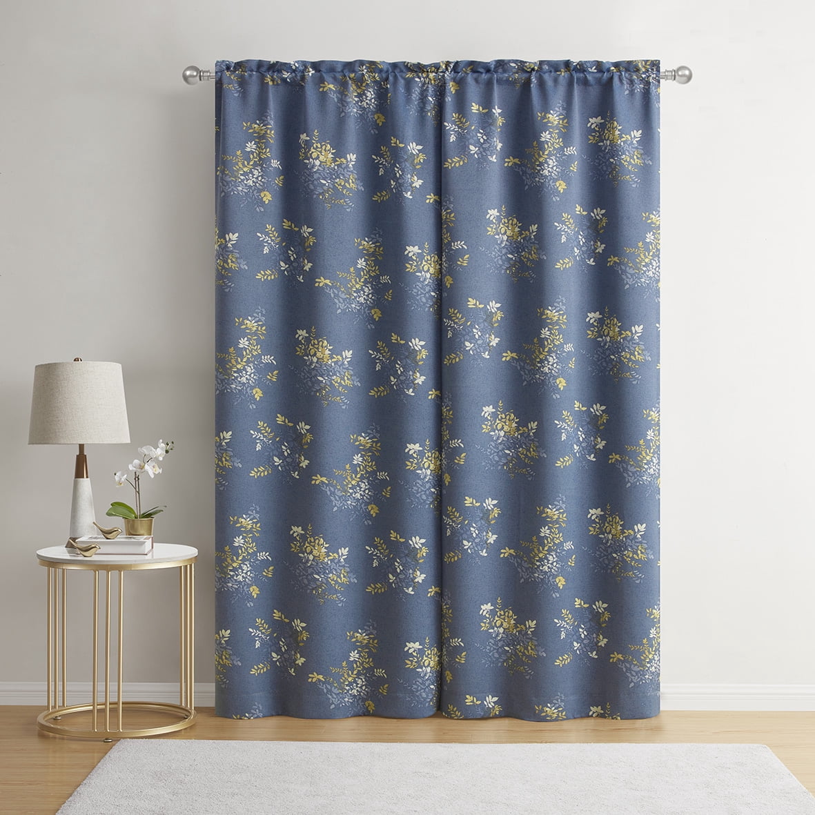 Mainstays Blackout Curtain Panel Pair, Set of 2, Botanical Print Blue, 30"W x 84"L