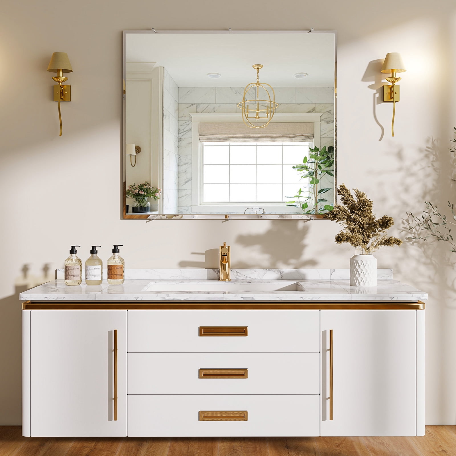 Easy4Home 30"x36" Frameless Rectangular Bathroom Mirror Beveled Edge Vanity Wall Mirror
