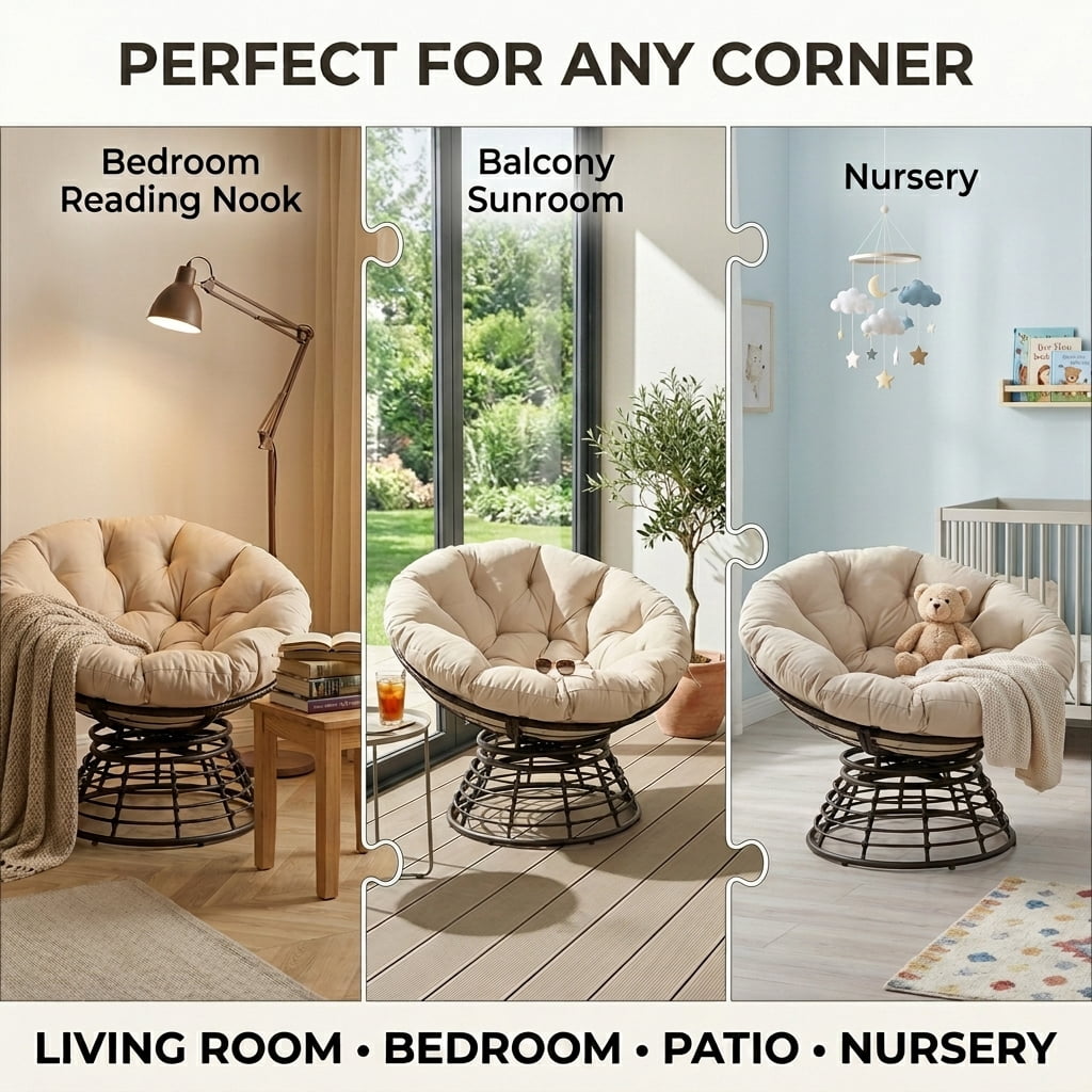 360° Swivel Wicker Papasan Chair with Ergonomic Over-Stuffed Cushion, Modern Rattan Saucer Chair for Living Room & Bedroom