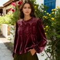 thumbnail image 4 of Women's Velvet Trim Lace Blouse Long Sleeve Shirt Elegant Flared Swing Top Round Neck Casual Wear Wine L, 4 of 4
