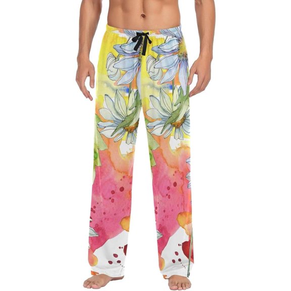 Colorful Daisy Floral Ghost Pajama Pants, Men's Lounge Pants Light with Drawstring and Pockets, Christmas New Year Birthday Father's Day Gifts, Medium