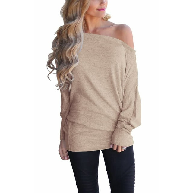 Sudaderas casuales para mujer, lisas, con hombros descubiertos, mangas de murciélago, grandes, caqui, talla S