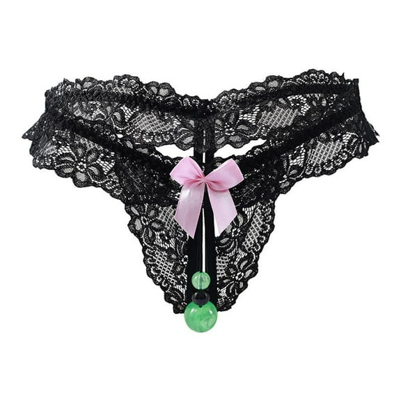 Sunvit-Panties Womens Black Lace Thong XL Size - Comfortable Nylon Spandex Intimate Wear, Sexy Floral Pattern with Pink Bow & Green Beads