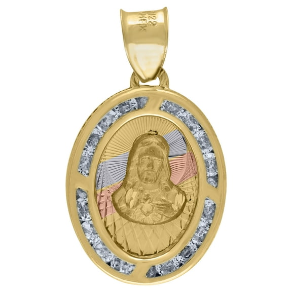 14k Tri-Color Gold Unisex Cz Textured Religious Oval Jesus Medal Charm Pendant