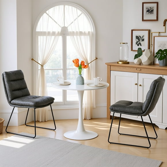 Homy Casa Set of 2 Mid-Century Modern Dining Chairs, Tufted Faux Leather Upholstery with Sled Metal Legs, Grey