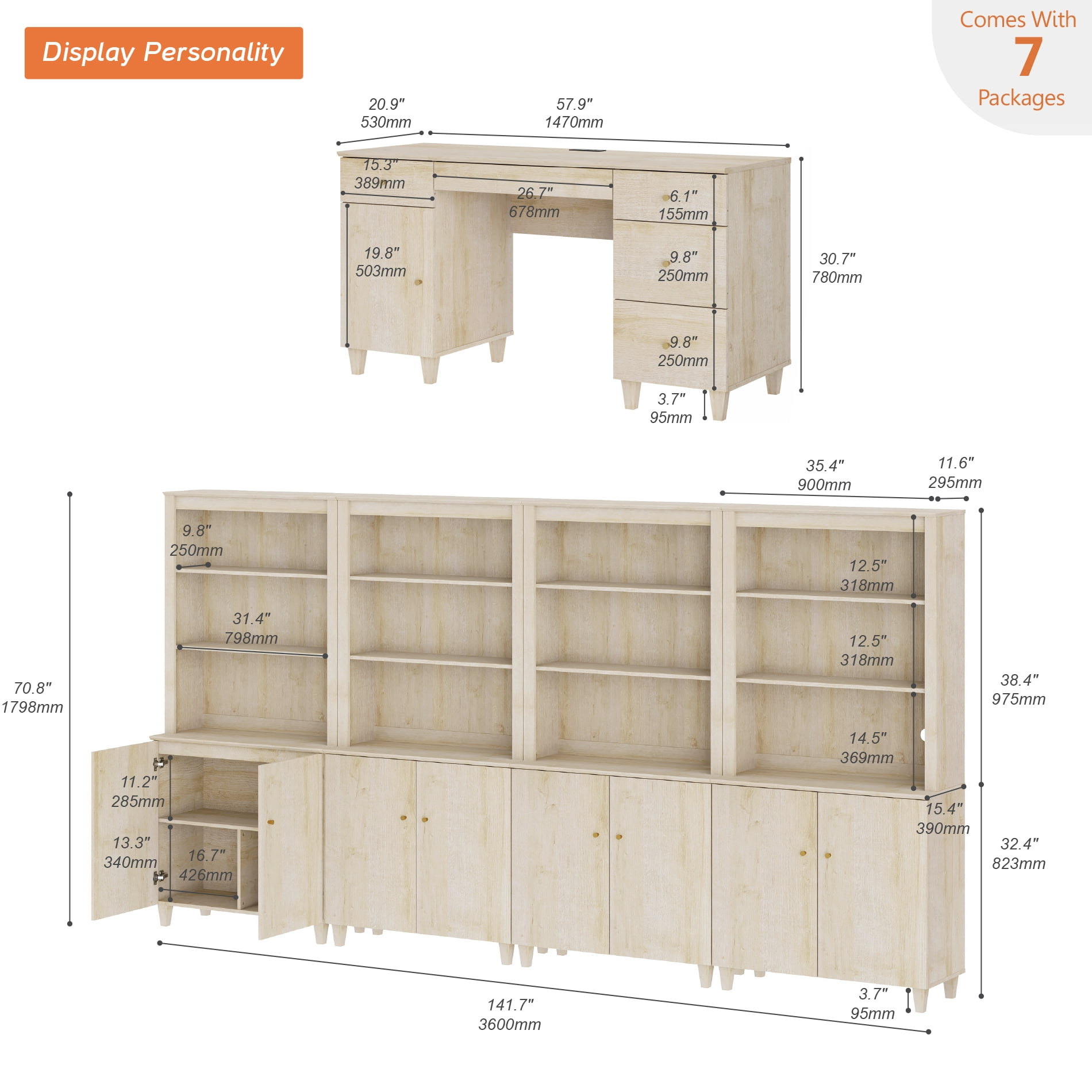 WAMPAT Home Office Furniture Set, 58" Executive Desk with Charging Station and Cabinet, 4-Column 71" Tall Bookcase with Doors and Adjustable Shelves for Living Room,Natural Oak