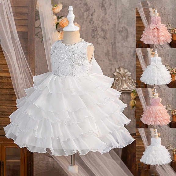CAIXIA Girls Summer Dress RedElegant Girls Bow Layered Lace Dress for Birthday Party Pageant Flower Girl Wedding Bridesmaid and Prom Formal Occasions,White,5-6 Years
