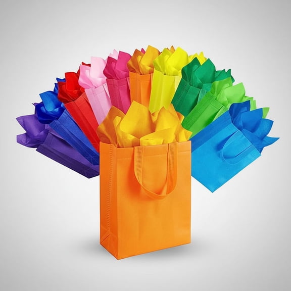 20 Pcs Medium Reusable Gift Bags with Tissues - Party Favor Bags Non-Woven Tote Birthday Goodie Bags for Kids, Baby Shower, Rainbow Party Supplies