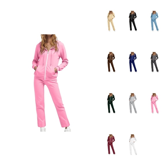 Women's Casual Hooded Tracksuit Set, Solid Color Zip-Up Sweatshirt with High-Waist Drawstring Pants, 2-Piece Sweatsuit for Daily Wear and Outings