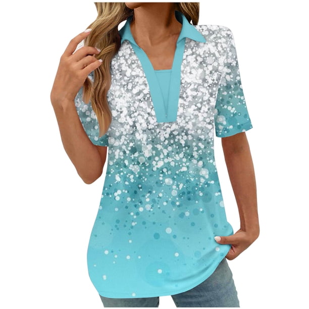 Tops Cortos para las Mujeres Blusas Impresas Manga Corta Turndown Collar Camiseta, Tops de Blusa para las Mujeres Casual