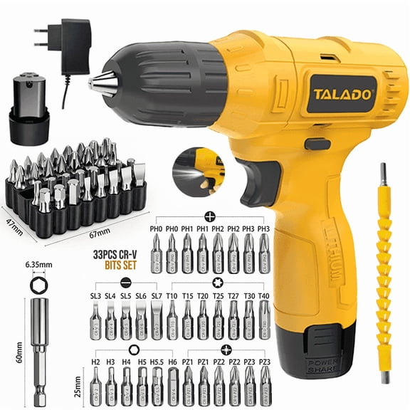 TALADO 12V Cordless Drill Set, 3/8" Keyless Chuck, 20N.m Torque, Variable Speed, LED, 33PCS CR-V Bits & Flexible Shaft, Battery & Charger for Home DIY Repair