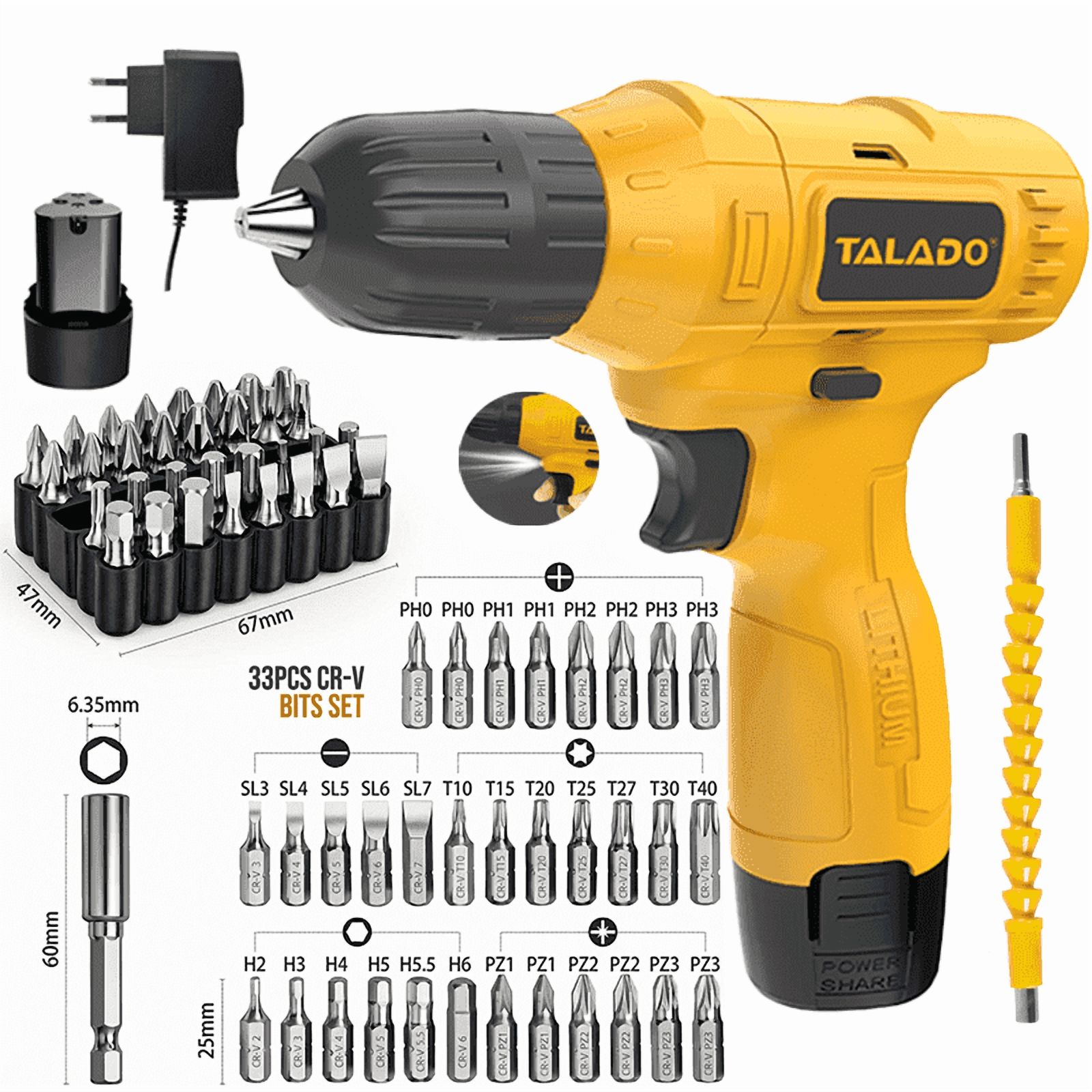 TALADO 12V Cordless Drill Set, 3/8" Keyless Chuck, Variable Speed Trigger, 20 N.m Max Torque, Battery & Charger, LED Light, 33-Piece Bits, Compact Tool Kit for Household DIY & Home Repairs