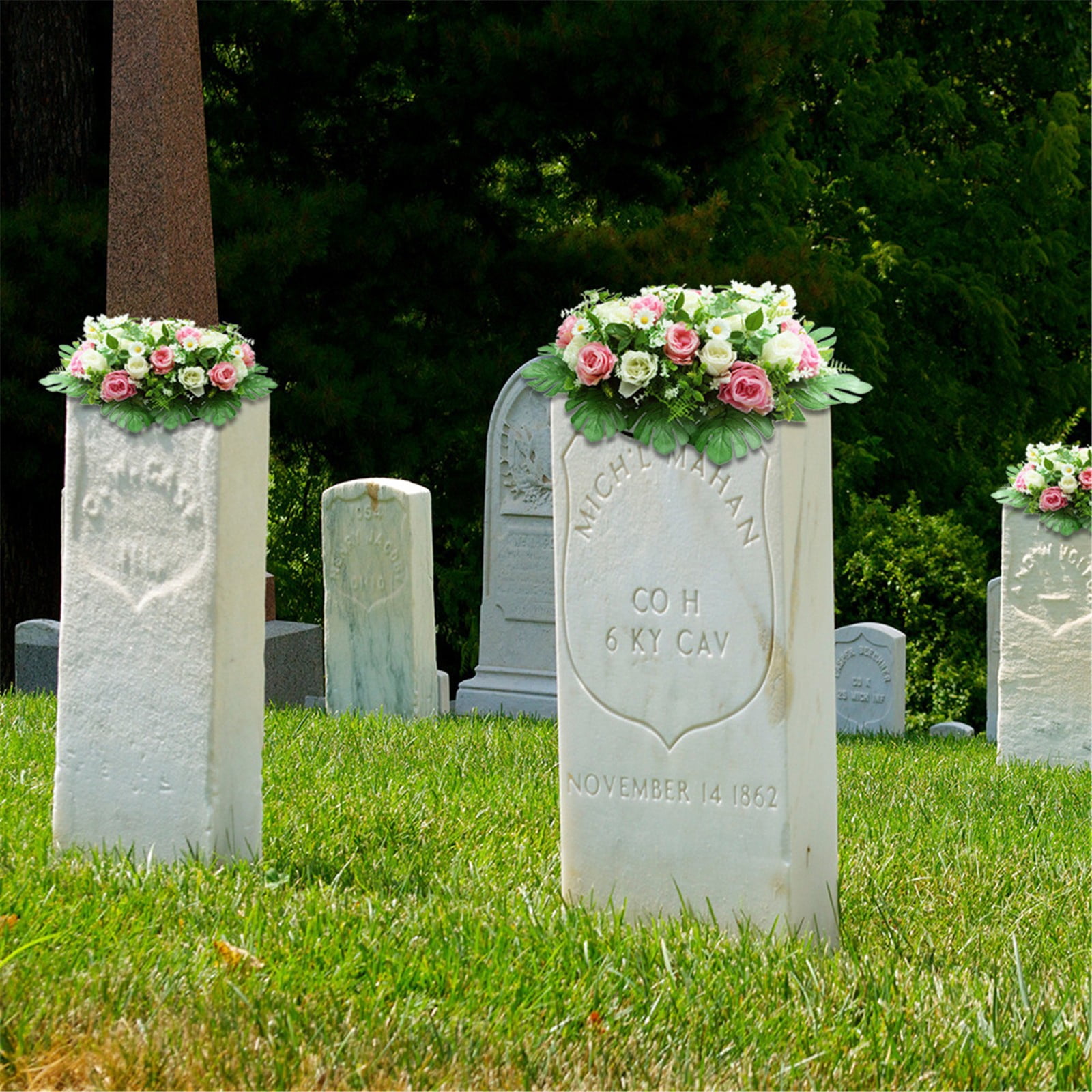 Headstone Flower Saddle, Cemetery Flower Saddle, Artificial Carnation Memorial Arrangement, UV Resistant Grave Saddle Decor, Memorial Day & Sympathy Cemetery Flowers, 23.6*10.6 inch