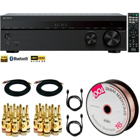 Sony STRDH590 5.2 Multi-Channel 4k HDR AV Receiver w/ Bluetooth (2018) with 100FT Select Series 16 AWG Speaker Wire, 2x Brass Speaker Banana Plugs (5-Pair), 2x 15FT Coaxial A/V RCA Cable, 2x 6FT