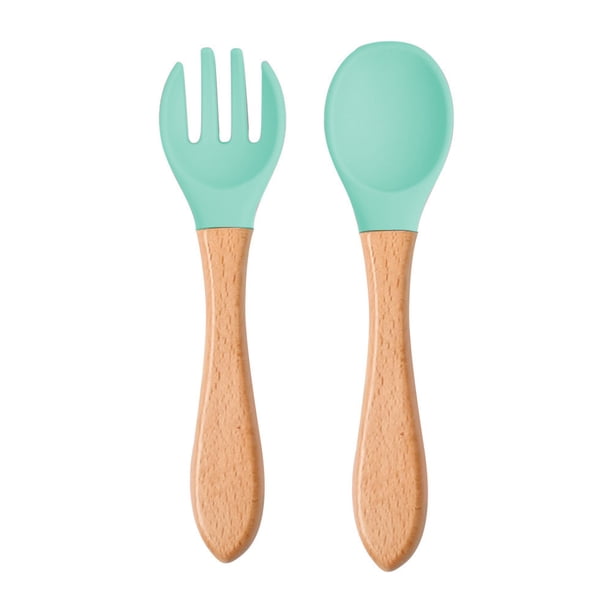Cuchara de silicona de grado alimenticio Juego de tenedores Cuchara para comer para bebés Cuchara de silicona con mango de madera para niños Vajilla de alimentos complementarios