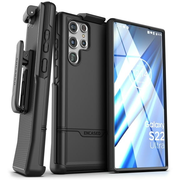 Encased Rebel Designed for Samsung Galaxy S22 Ultra Belt Clip Case, Protective Shockproof Case with Holster (Black)