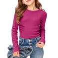 thumbnail image 2 of Long Sleeve Shirts for Girls Crewneck Slim Fit Tops Ribbed Shirt Casual Base Layer Tops Hot Pink 140, 2 of 4