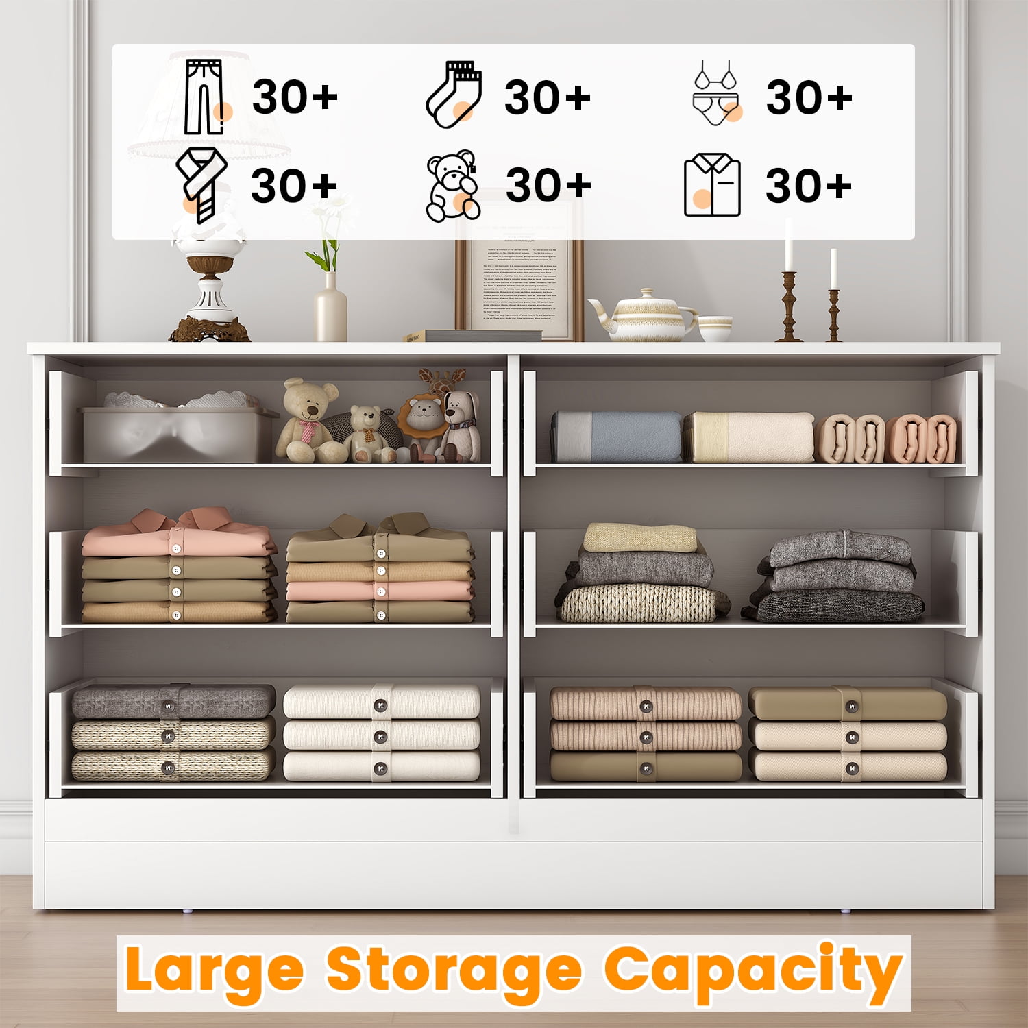 White Dresser for Bedroom, Winkalon 6 Drawers Dresser Modern Wood Double Chest of Drawers for Bedroom Living Room