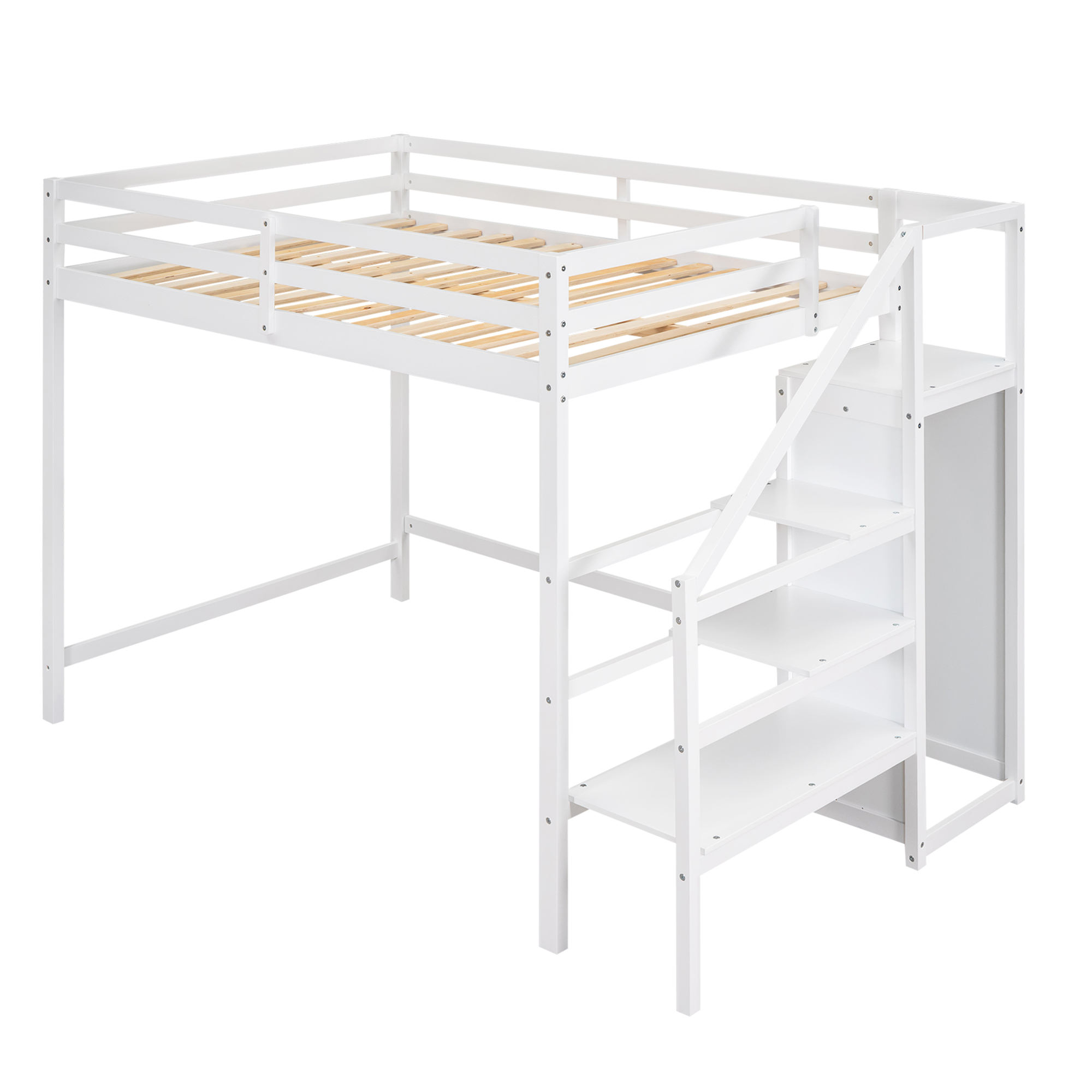 Aukfa Full Loft Bed with Built-in Storage Wardrobe, Solid Wood Bed Frame with Staircase for Kids Adults - White