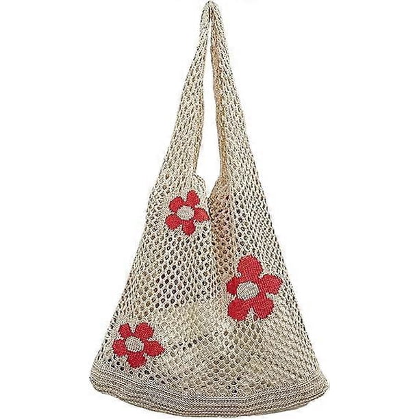 Crochet tote bag, knitted shoulder bag, girls mesh beach bag - white 1pack