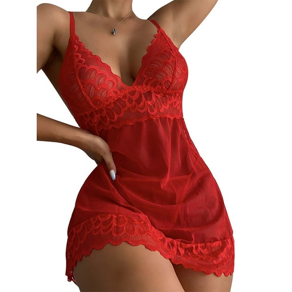 Gvmfive Women Lace Lingerie Babydoll V Neck Sleepwear Strap Chemise