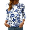 thumbnail image 2 of JTZGDY Fashion T-Shirts for Women Casual Floral Printed 3/4 Length Sleeve Ruched Pleated Fall Crewneck Tunic Blouse Trendy Oversized Pullover Tops Blue#03 L, 2 of 8