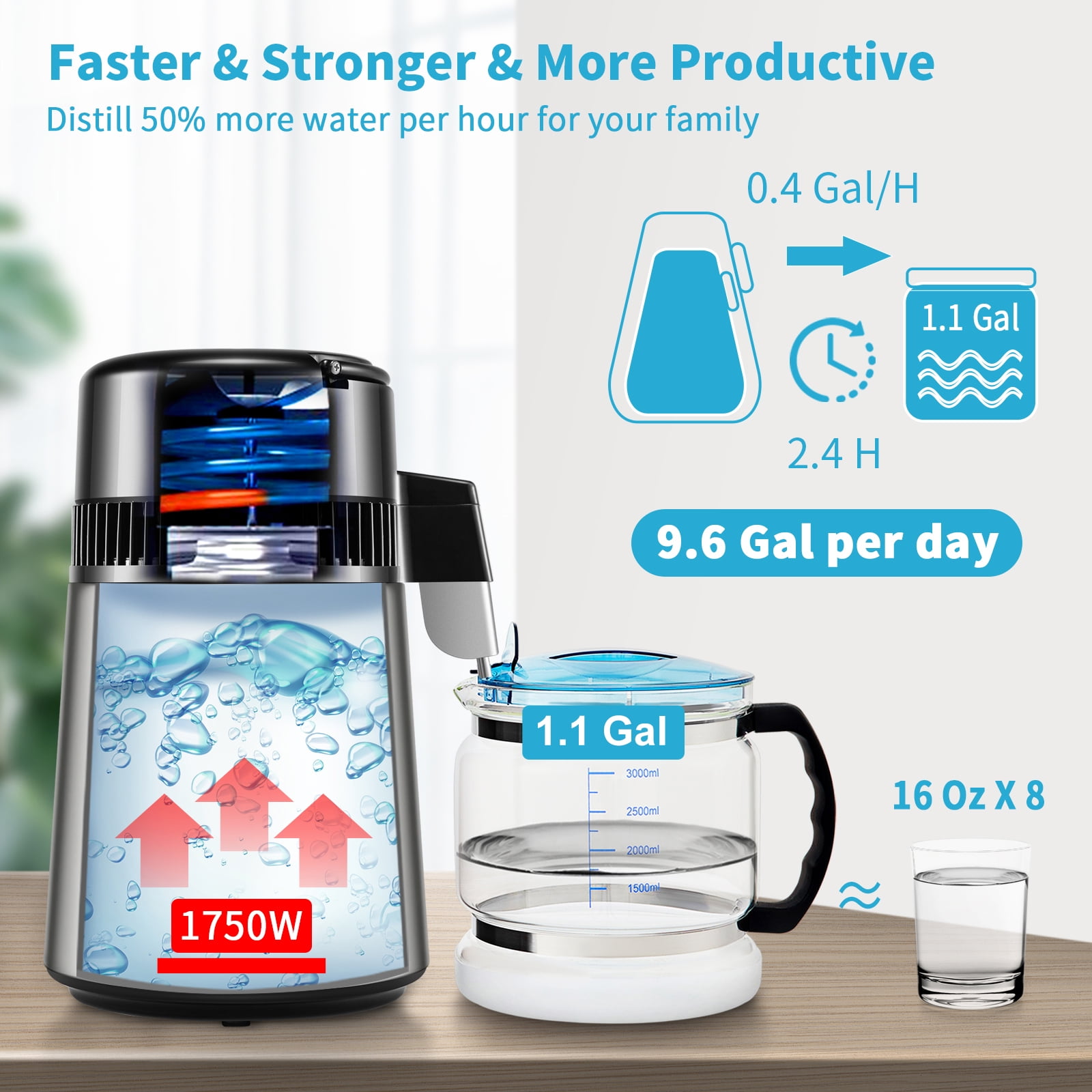 KFFKFF 1.1 Gallon Still, 0.4 gph, 1750 Watt Still 0-99 Hour Scheduler Dual Temperature Display, 304 Stainless Steel Countertop Distilled Water Bottle Cleaning Powder 3 Pack Carbon, Silver