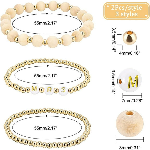 1box 6pcs 3 style Word Mrs Stretch Bracelets set Brass Beads Unfinished Wood & Brass & Acrylic Bracelets for Women Golden Inner Diameter: 2-1/8 inch(5.5cm) 2pcs/style