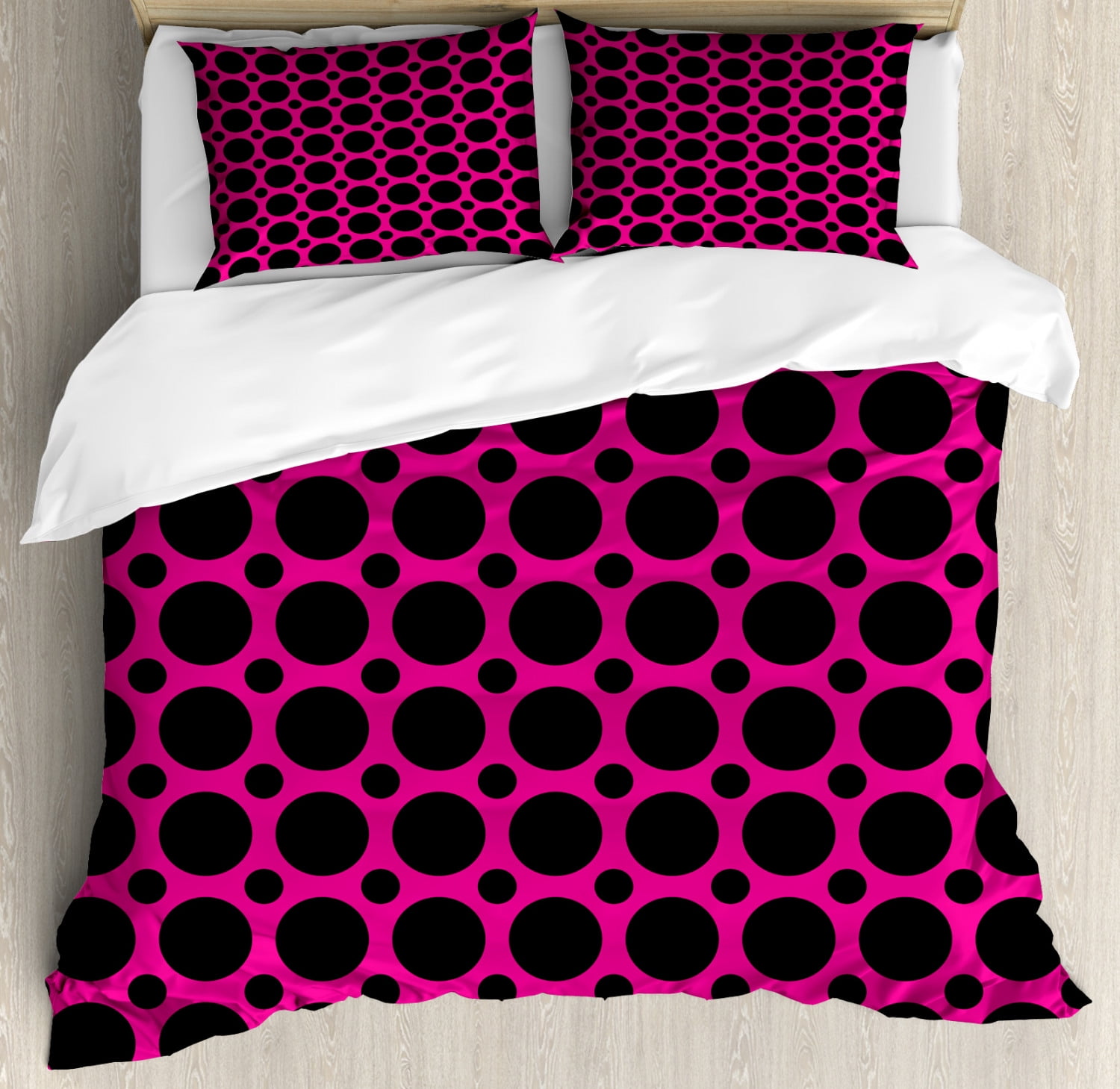 Hot Pink Duvet Cover Set, Big and Small Dots Spots in Symmetrical Order