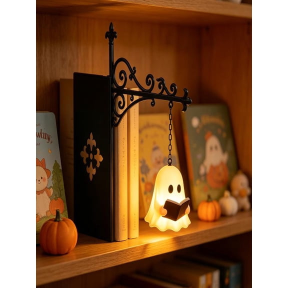 Halloween Ghost Bookshelf Lantern,Library Mini Bookshelf Lamp,Cute Lantern-Decorative Library Hanging Resin Lighting, Miniature Halloween Vintage Reading LED Nightlight,7.87"x7.87"