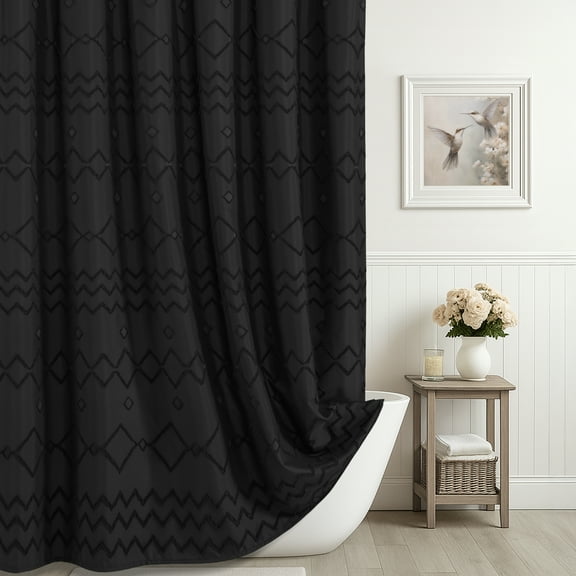 Seasonwood Black Shower Curtain Boho Woven Modern Farmhouse Fabric Shower Curtain 72"x78" Textured Tufted Striped