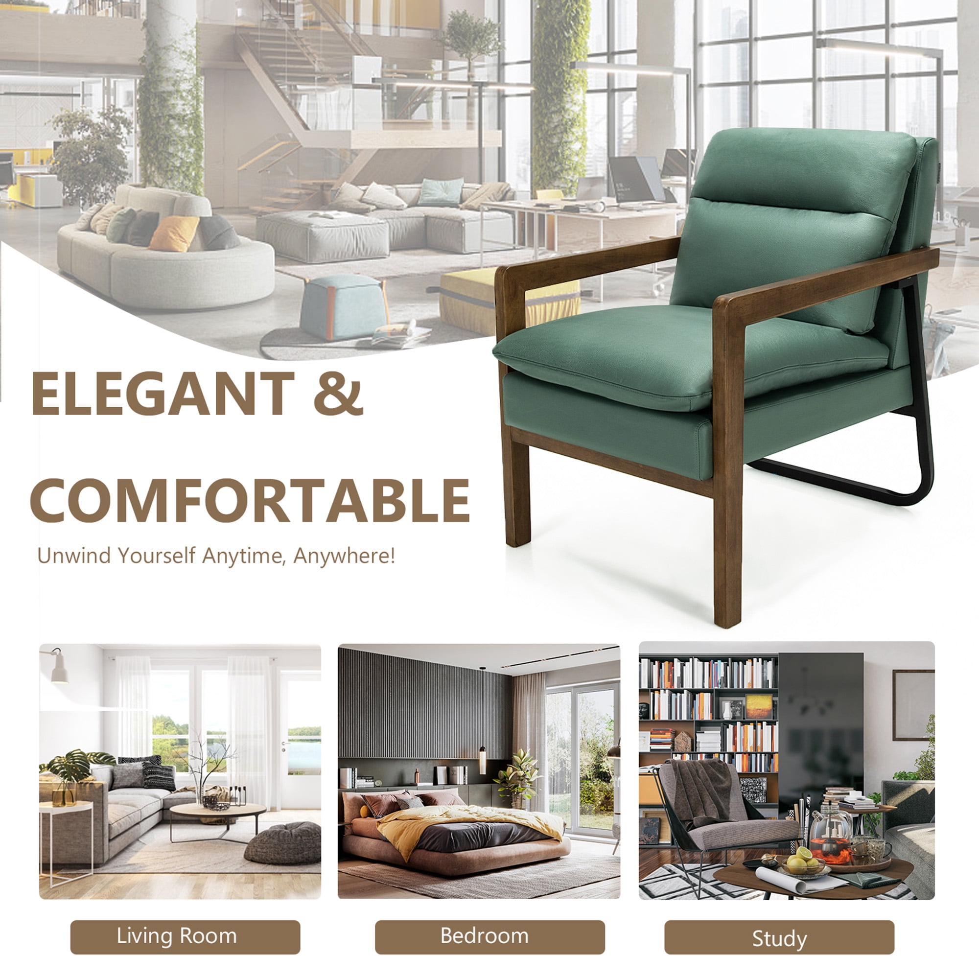 Gymax Green Set of 2 Single Sofa Chair Leisure Accent Chair w/ Wooden Armrests & Legs