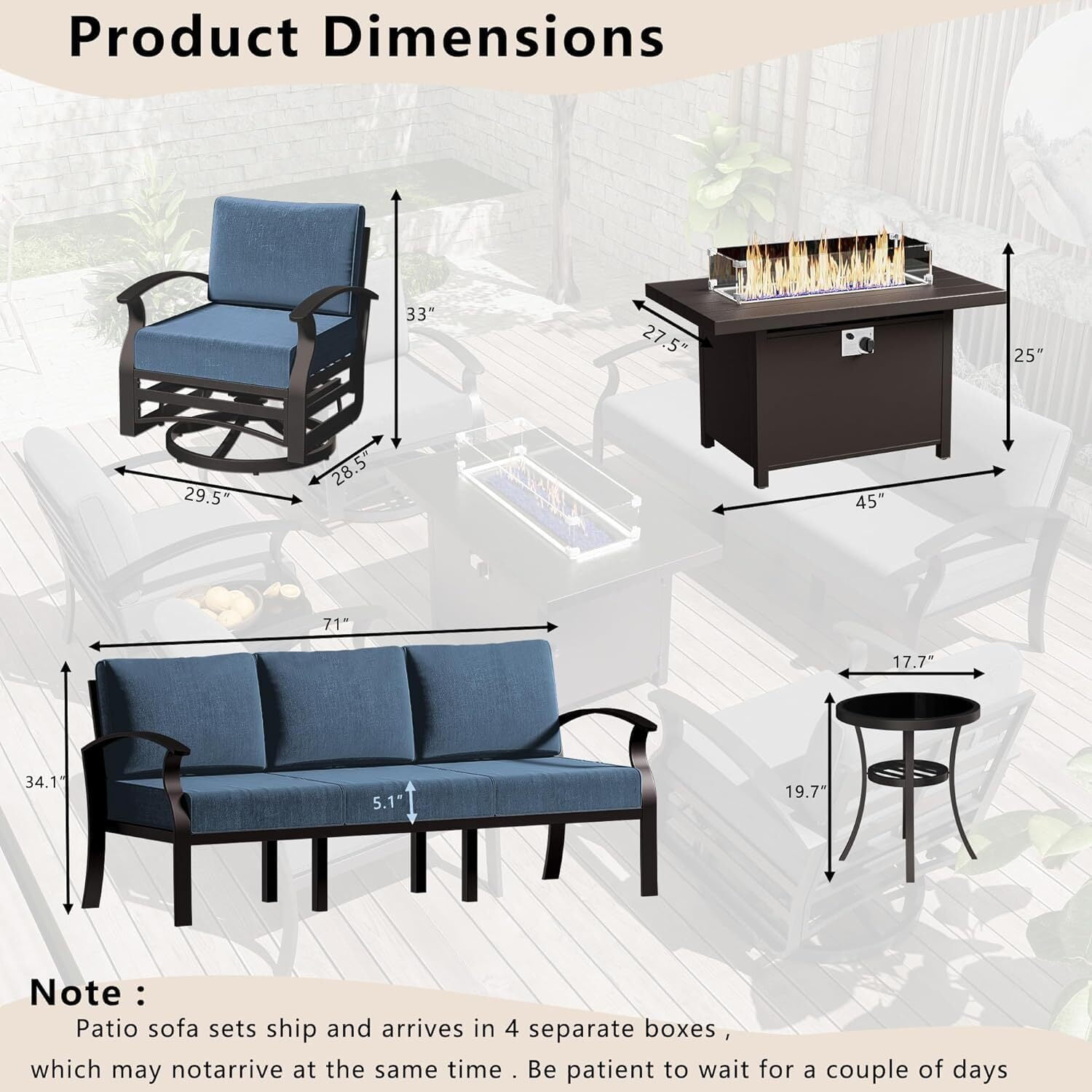 ASJMR 5 Seat Aluminum Patio Furniture Set with Fire Pit Table and Swivel Rocking Chairs Outdoor Armrest Sofa Conversation Set,Navy