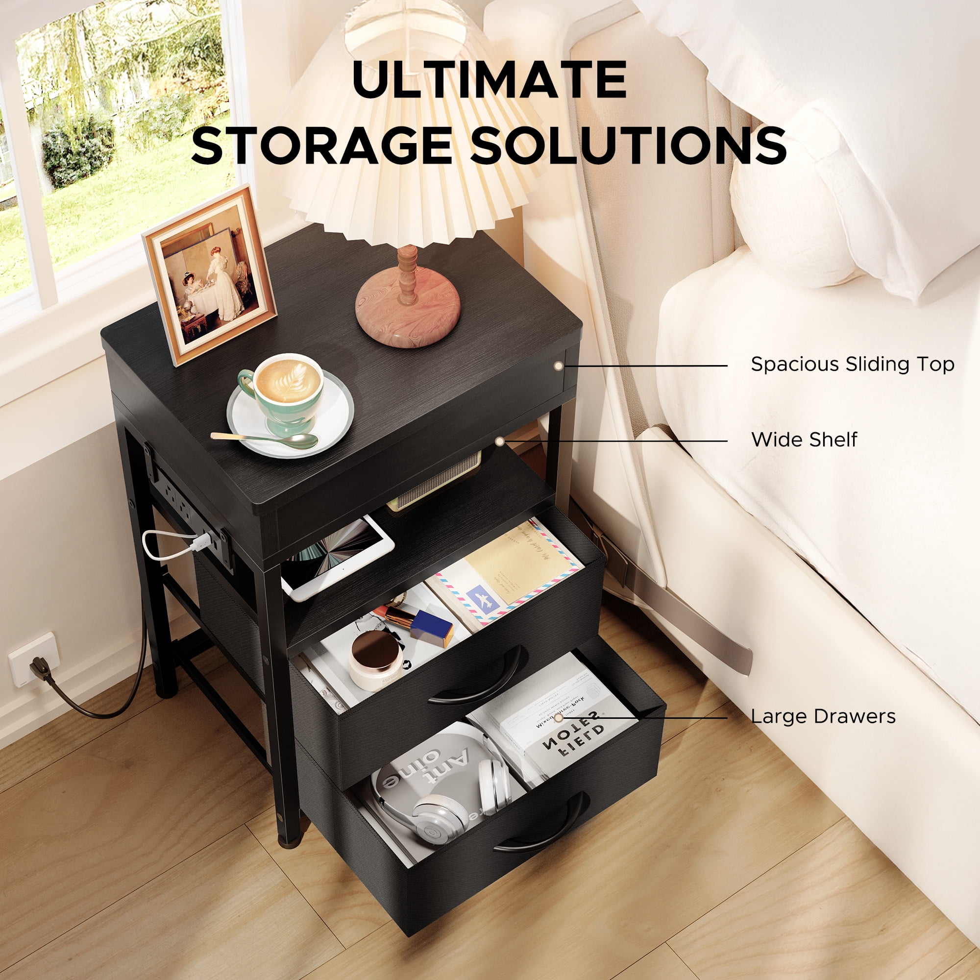 Bestco Nightstand with Sliding Top Modern End Table with Charging Station & 2 Drawers Black