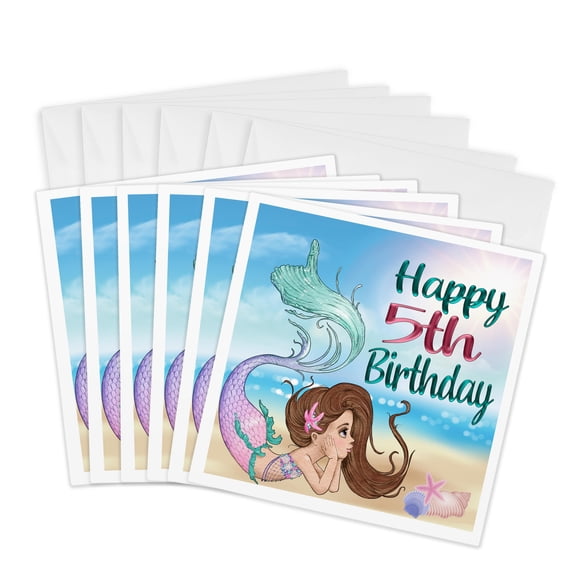 3drose, Happy 5th Birthday Pretty Brunette Mermaid on the Beach, 6 Greeting Cards with Envelopes