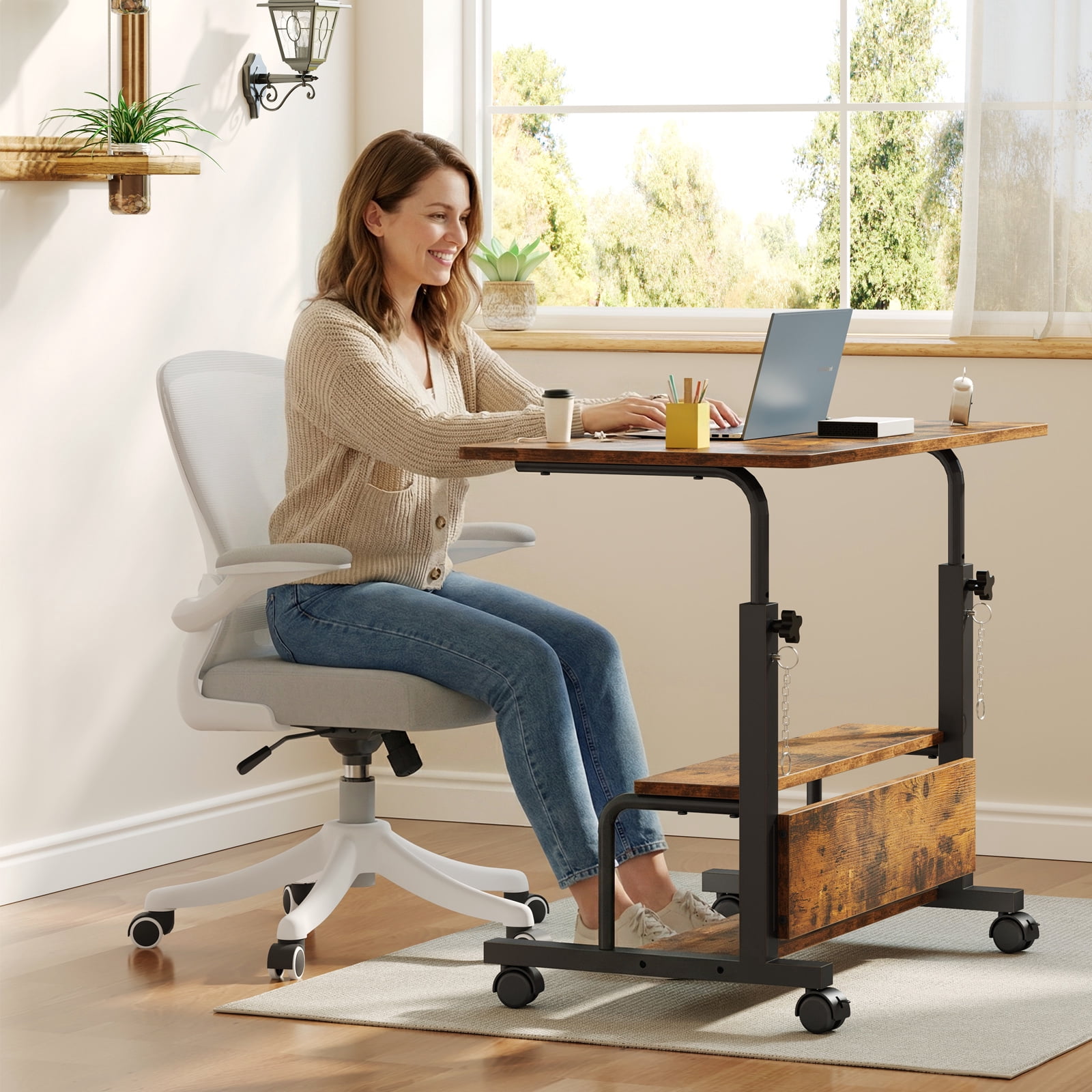 edx Height Adjustable Desk Standing Desk Small Desk for Small Spaces, Mobile Rolling Computer Desk on Wheels, Portable Desks Study Table for Home Office,Rust